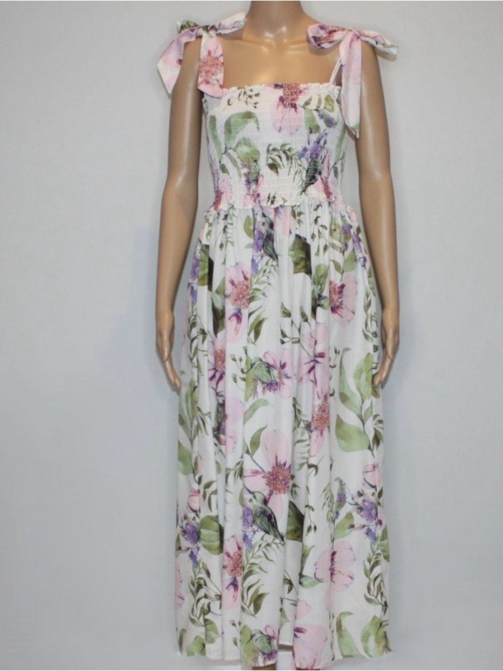 Goodnight Macaroon White Floral Tie-Shoulder Smocked Maxi Dress